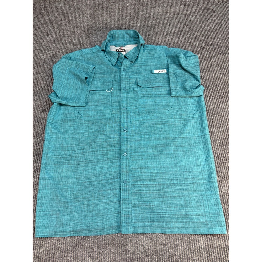Habit Mens Teal Blue Short Sleeve Fishing Shirt UPF 40+ Solar Factor Large